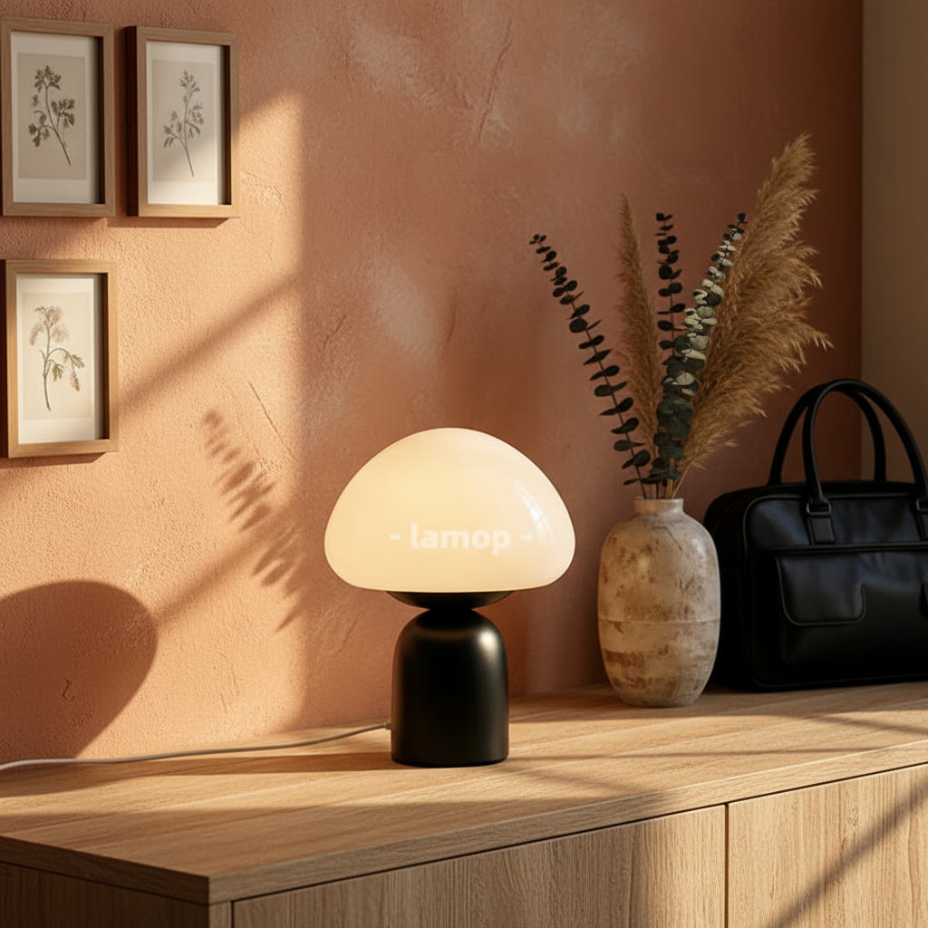 Murano Glass Dome Mushroom Table Lamp | Matte Black Bedside Lamp for Living Room & Bedroom