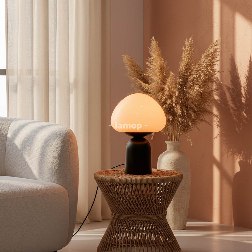 Murano Glass Dome Mushroom Table Lamp | Matte Black Bedside Lamp for Living Room & Bedroom