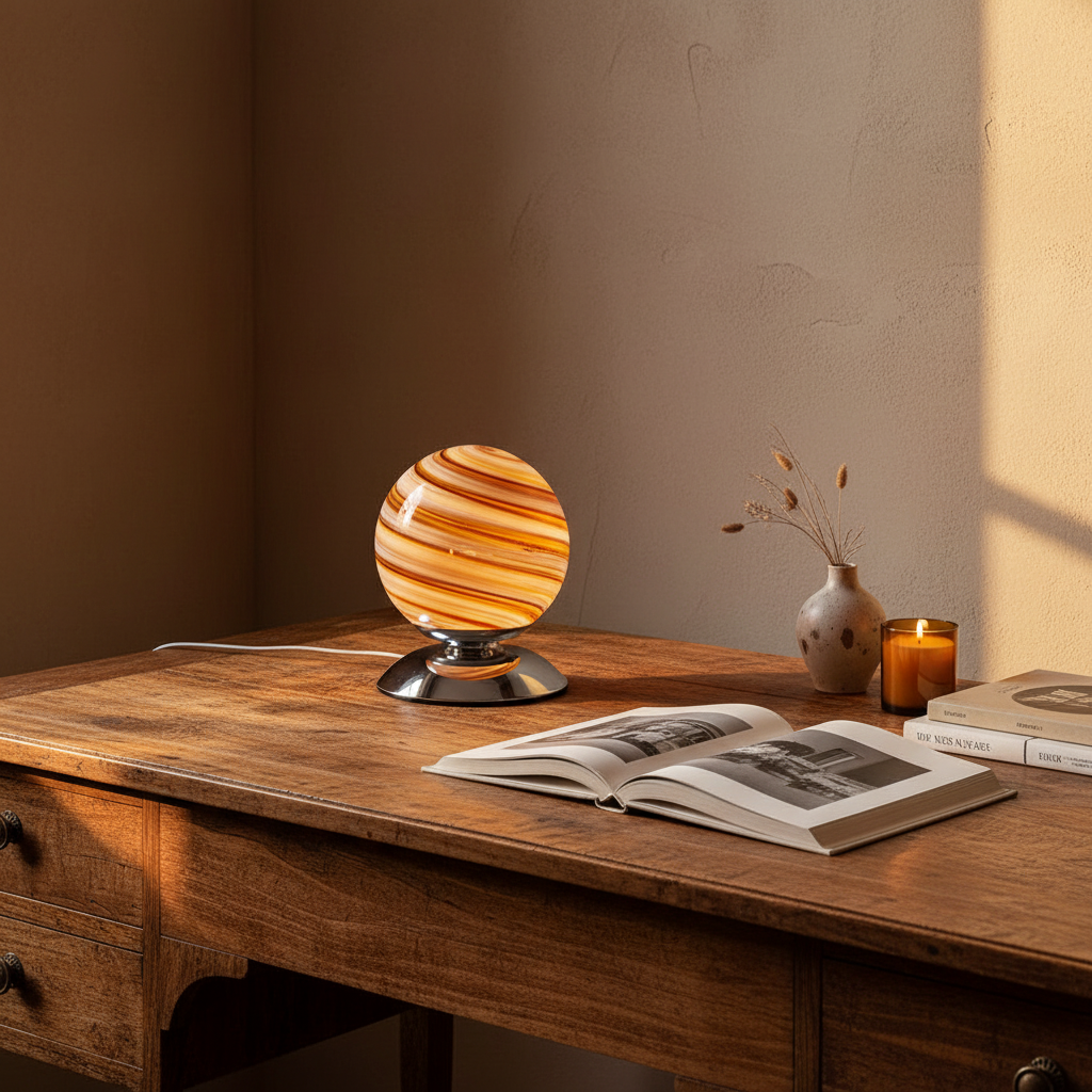 Streaked Orbit Sphere Glass Table Lamp | Italian Retro Bedside Lamp for Bedroom & Living Room