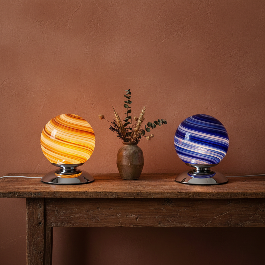 Streaked Orbit Sphere Glass Table Lamp | Italian Retro Bedside Lamp for Bedroom & Living Room