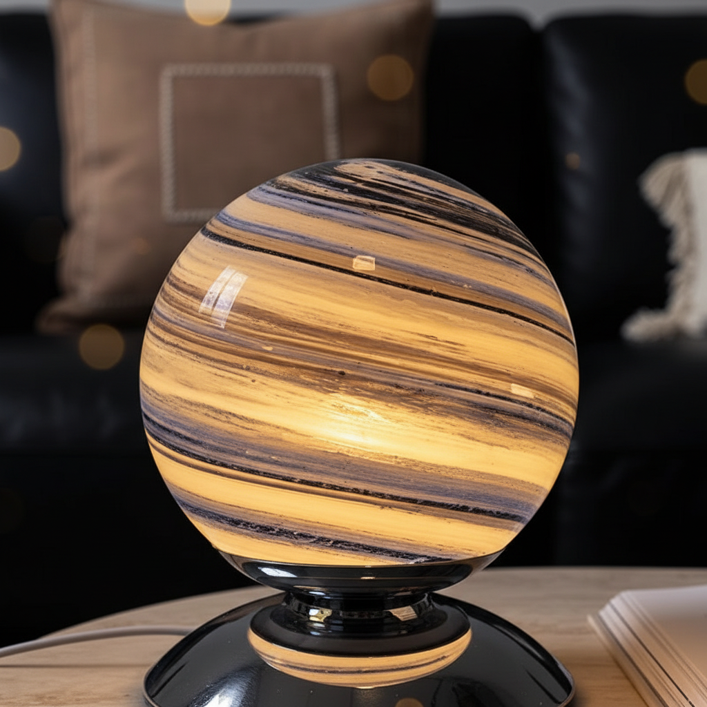 Streaked Orbit Sphere Glass Table Lamp | Italian Retro Bedside Lamp for Bedroom & Living Room