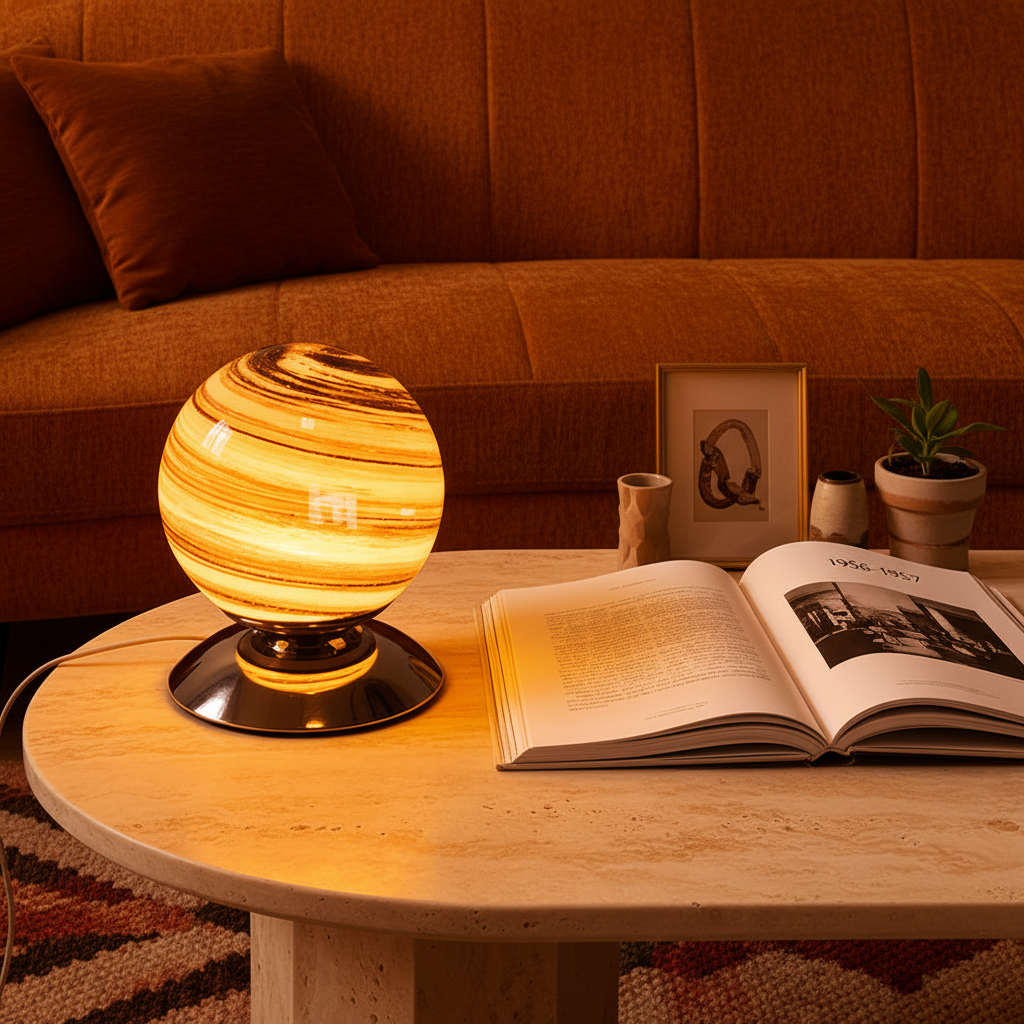 Streaked Orbit Sphere Glass Table Lamp | Italian Retro Bedside Lamp for Bedroom & Living Room